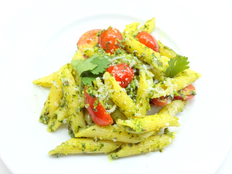 Smoky Cilantro Pesto with Penne and Cherry Tomatoes
